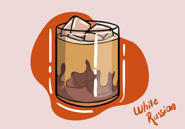 Hand getekende witte Russische cocktail in glas met ijs geïsoleerd op achtergrond vectorillustratie