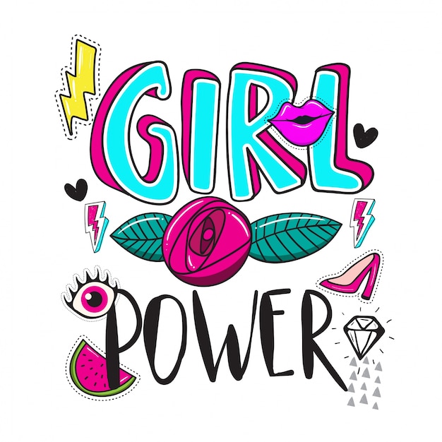 Hand getrokken belettering girl power met stiker en patches element