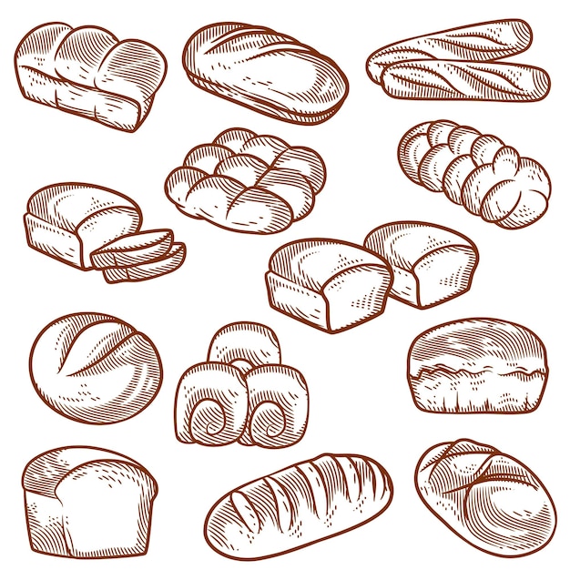 Hand getrokken brood en bakkerij vector illustratie lijntekeningen zwart-wit, Vintage voedsel illustratie