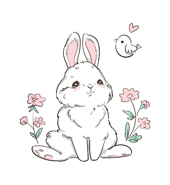 Hand getrokken bunny en vogeltje, bloemen. leuk konijn. print ontwerp voor kindermode.