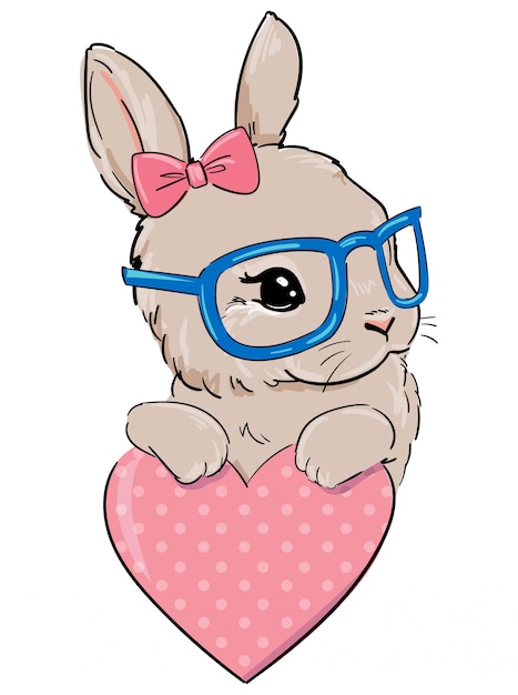 Hand getrokken Bunny met bril. Schattige konijn en hart.
