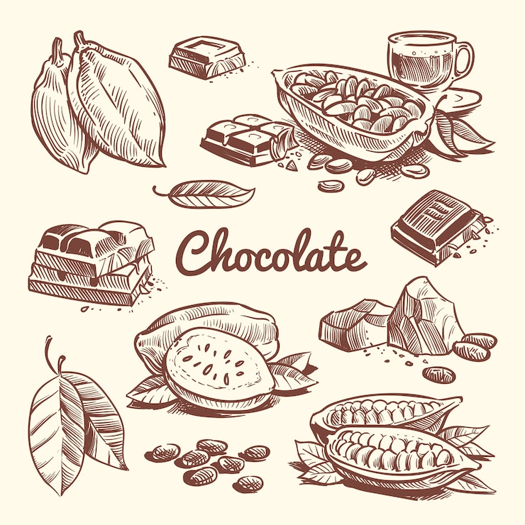 Vector hand getrokken cacao, bladeren, cacao zaden, zoet dessert en chocoladereep. cacao schets vector collectie