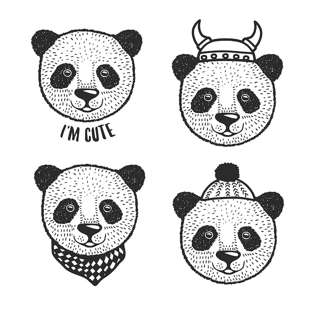 Hand getrokken cartoon panda hoofd prints set