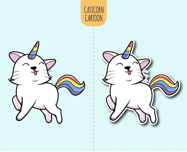 Hand getrokken caticorn cartoon illustratie met sticker ontwerpoptie