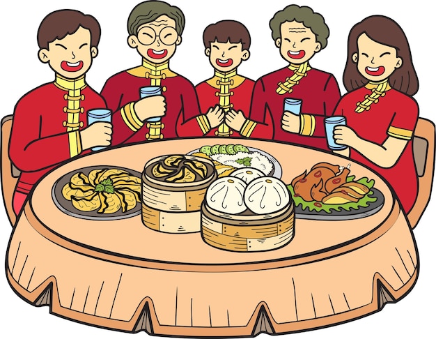 Vector hand getrokken chinese familie met chinees eten tabel illustratie