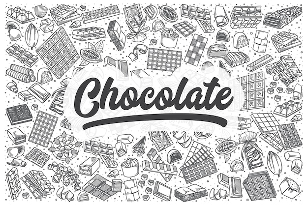 Hand getrokken chocolade doodle set. belettering - chocolade