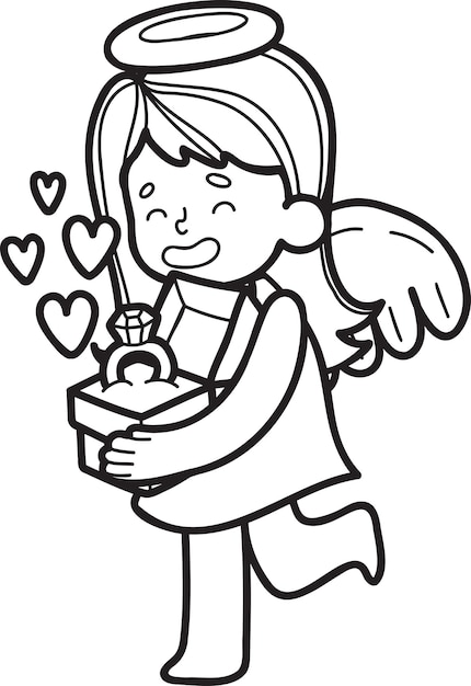 Hand getrokken Cupido en verlovingsring illustratie