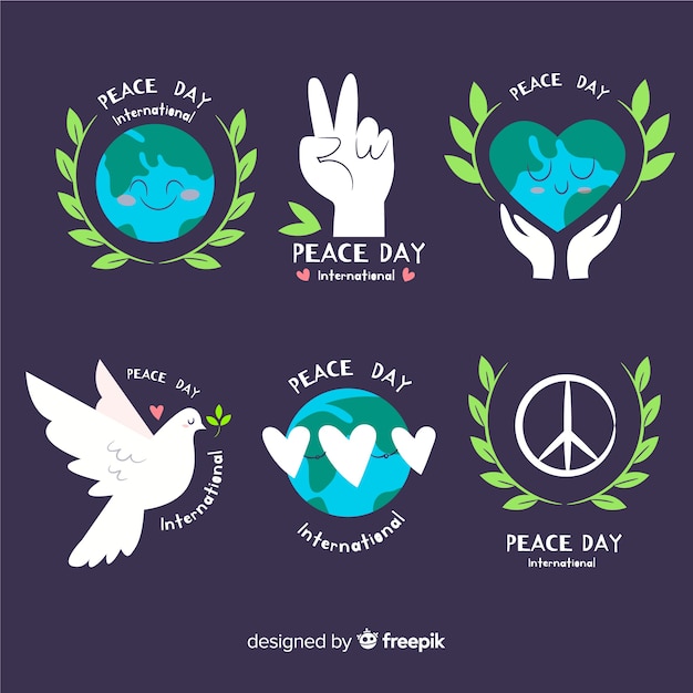 Hand getrokken dag van vrede label-collectie met platte ontwerp