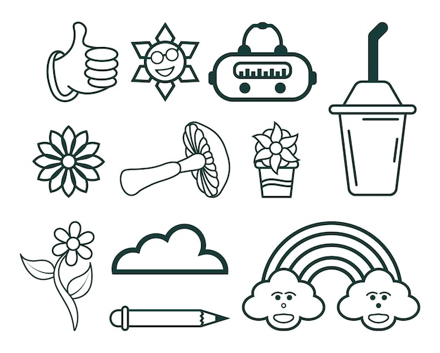 Hand getrokken doodle 90's Retro element Clipart collectie set