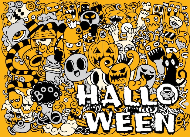 Hand getrokken Doodle cartoon set objecten en symbolen op het thema van Halloween