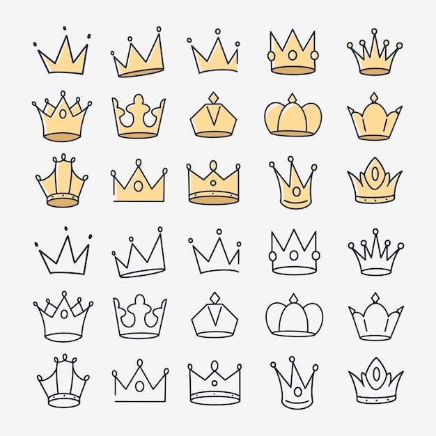 Hand getrokken doodle crown icon vector set