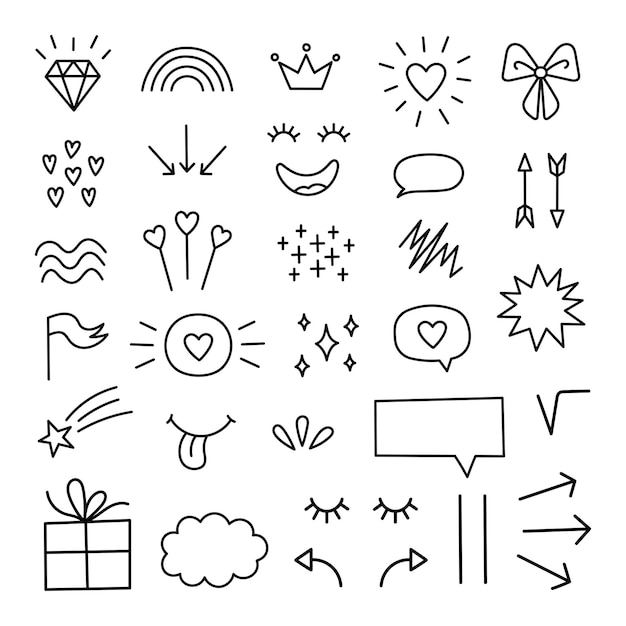 Hand getrokken doodle elementen set Donker thema Cartoon illustraties op zwarte achtergrond Neon elementen Hand getrokken abstracte vormen Doodles van harten regenboog bogen sterren geschenken pijlen