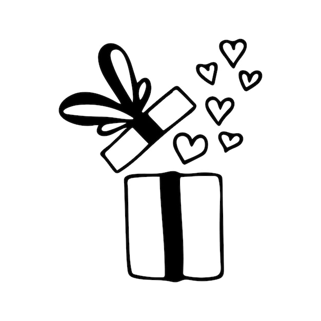 Hand getrokken doodle geschenkdoos met harten Leuk open cadeau met strik en lint Vector clipart Outline