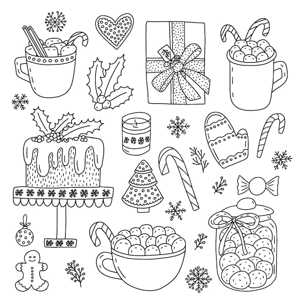 Hand getrokken doodle kerst elementen set Vector kerst desserts set Maretak cake peperkoek cookie en cacao met marshmallows