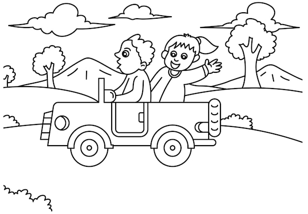 hand getrokken doodle kinderen rijden in de auto in de bergen vectorillustratie voor kleurplaat