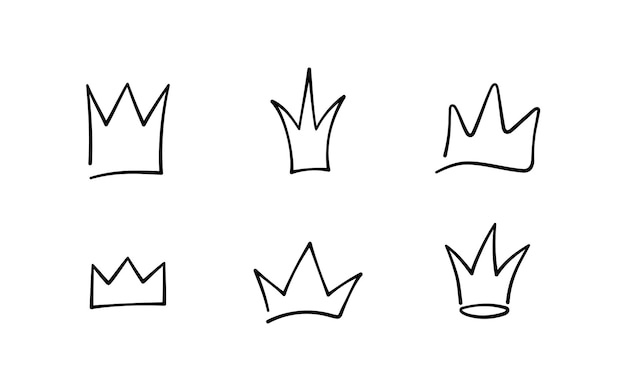 Hand getrokken doodle kronen set koning kroon schetsen majestueuze tiara koning en koningin koninklijke diademen vectorillustratie geïsoleerd in doodle stijl op witte achtergrond