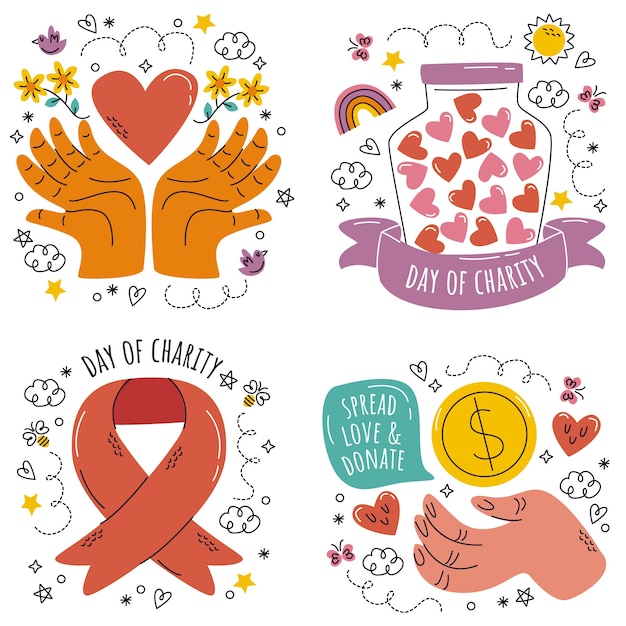 Hand getrokken doodle liefdadigheidssticker set