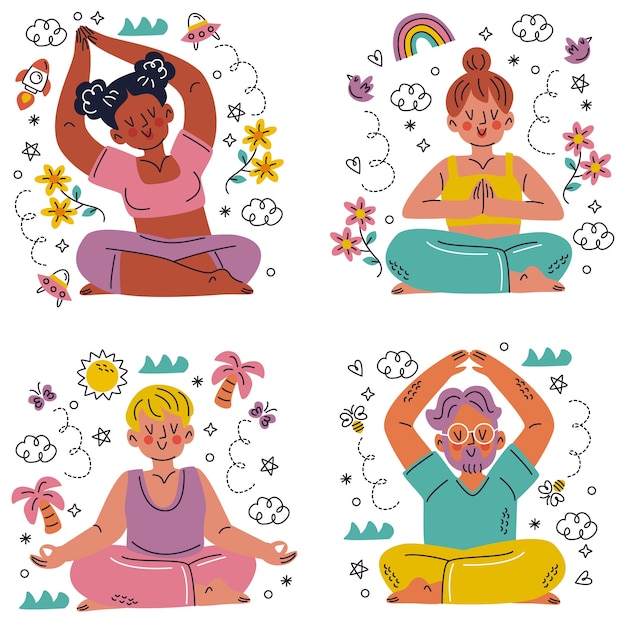 Hand getrokken doodle meditatie stickers sticker set