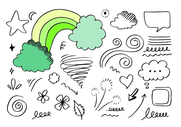 Hand getrokken doodle ontwerpelementen wind swoops nadruk Pijlkroon lijn regenboog
