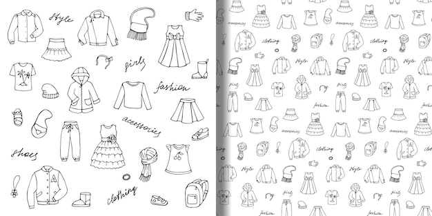 Hand getrokken doodle set en naadloos patroon met kinderachtige meisjeskleding en belettering