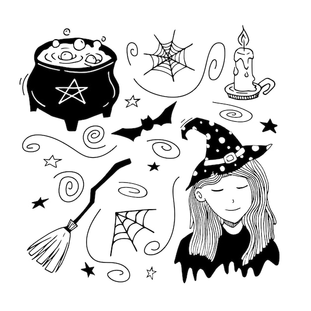 Vector hand getrokken doodle set met halloween cliparts schattig magische vectorillustratie met heks meisje spinnenweb kaars pot en bezem zwart-wit doodle collectie overzicht