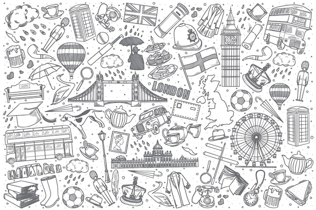 Hand getrokken doodle set van engeland