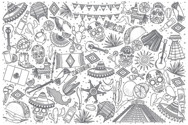 Hand getrokken doodle set van Mexico