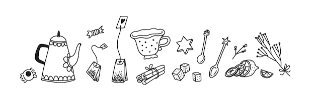 Vector hand getrokken doodle tea party set vector krabbel illustratie van thee gebruiksvoorwerpen drink tijd met snoep