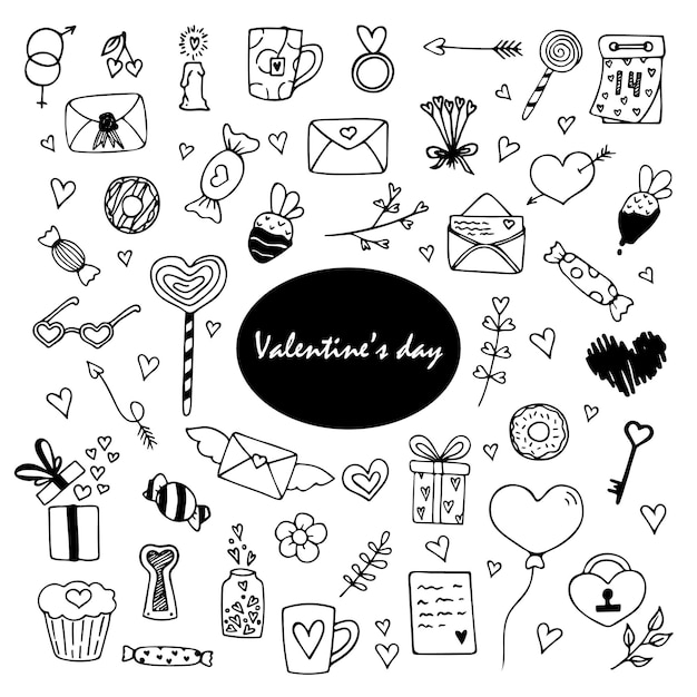 Hand getrokken doodle Valentijnsdag schattig set Vector liefde cliparts overzicht