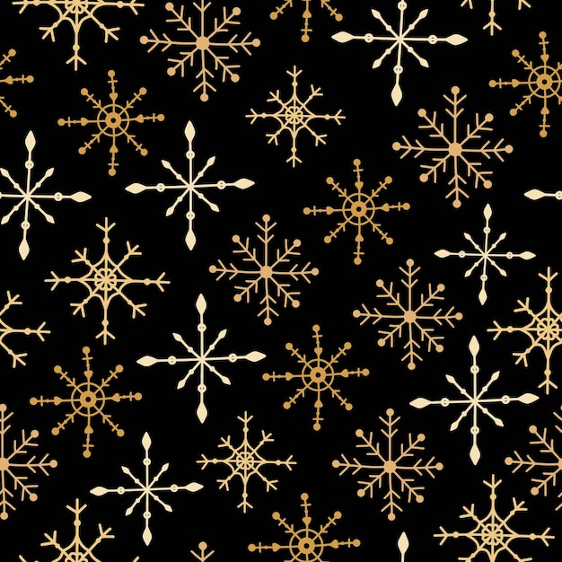 Hand getrokken doodle vector metalen gouden sneeuwvlokken op zwarte achtergrond luxe magische nieuwe jaar patroon