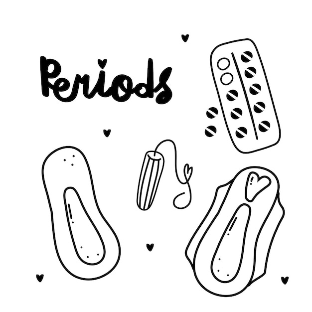 Hand getrokken doodle vector set hygiëneproducten voor menstruatie