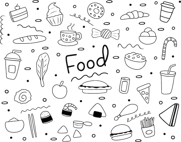 Hand getrokken doodle voedselset. Inclusief zwarte iconen van fastfood, snoep, Aziatisch eten, gezond eten