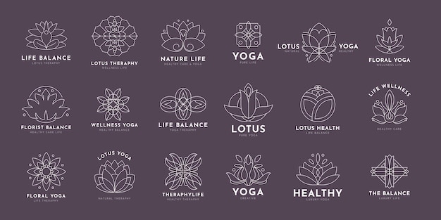 Hand getrokken Doodle Yoga en lotus logo collectie One Line Drawing Vector Set