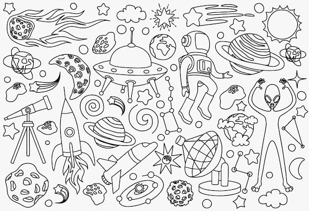 hand getrokken doodles cartoon set ruimte objecten.