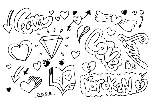 Hand getrokken doodles set voor Valentijnsdag collectie van mooie harten en geschriften liefde.