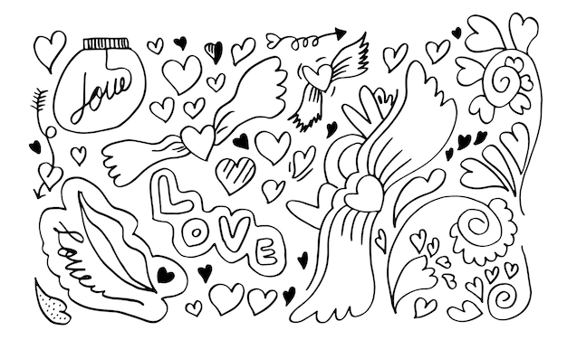 Hand getrokken doodles set voor valentijnsdag collectie van mooie harten en geschriften liefde.