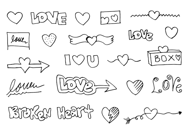 Vector hand getrokken doodles set voor valentijnsdag collectie van mooie harten en geschriften love vector illustration