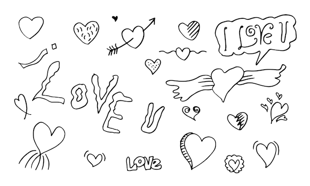 Hand getrokken doodles set voor valentijnsdag collectie van mooie harten en geschriften love vector illustration