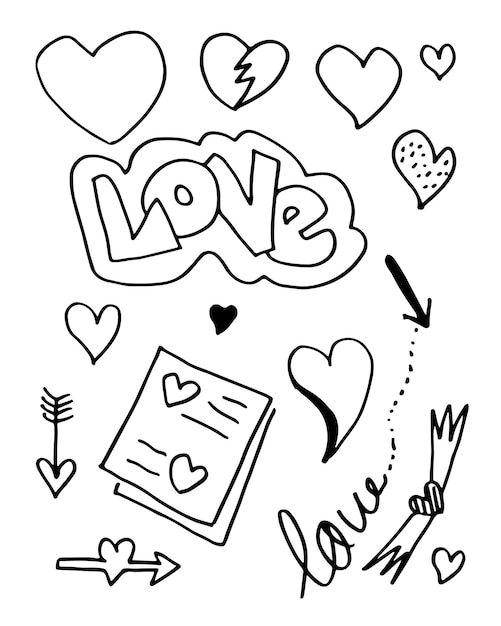 Hand getrokken doodles set voor Valentijnsdag collectie van mooie harten en geschriften Love Vector illustration