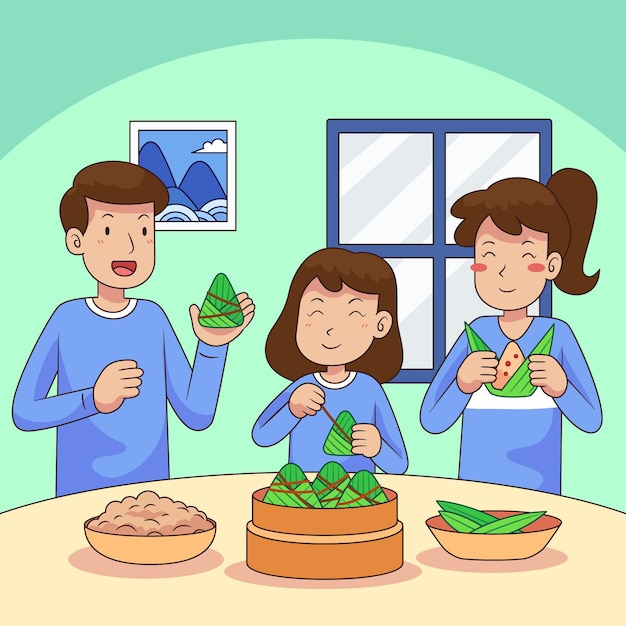 Hand getrokken drakenbootfamilie die zongzi-illustratie voorbereiden en eten