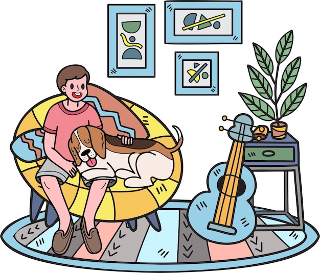 Hand getrokken eigenaar en hond slapen in de kamer illustratie in doodle stijl