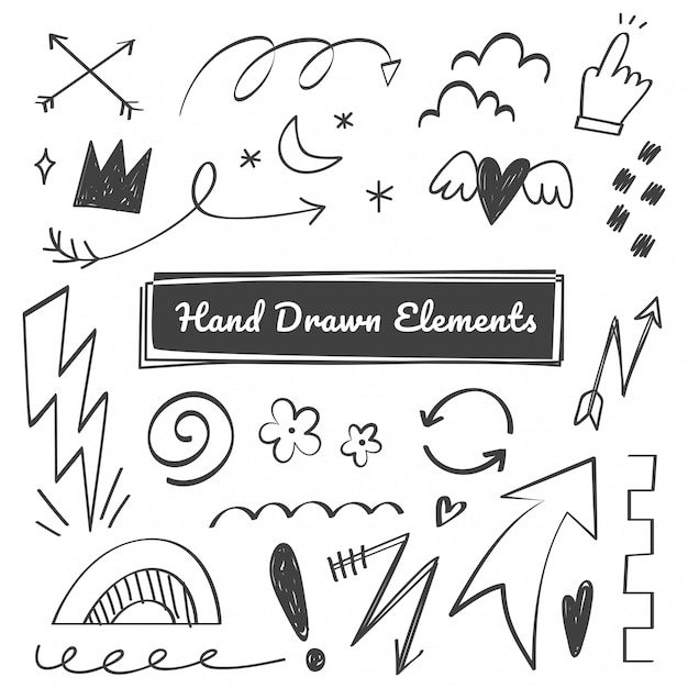 Vector hand getrokken elementen, pijl, swish, nadruk doodles