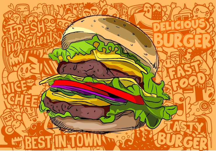 Vector hand getrokken en schets, duddle burger, ilustration, vector burger