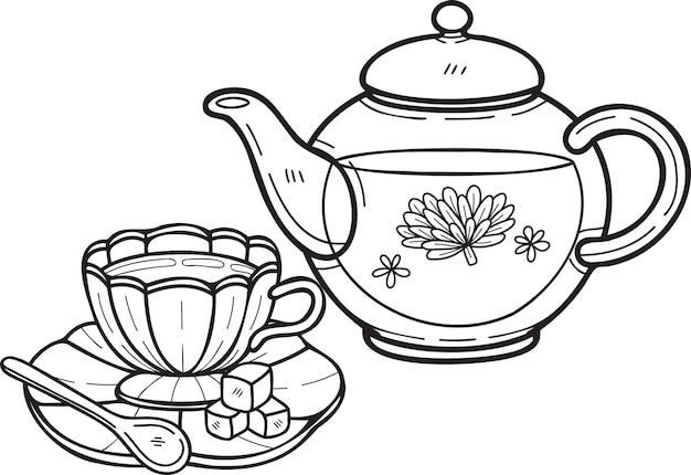 Vector hand getrokken engelse stijl thee set illustratie in doodle stijl