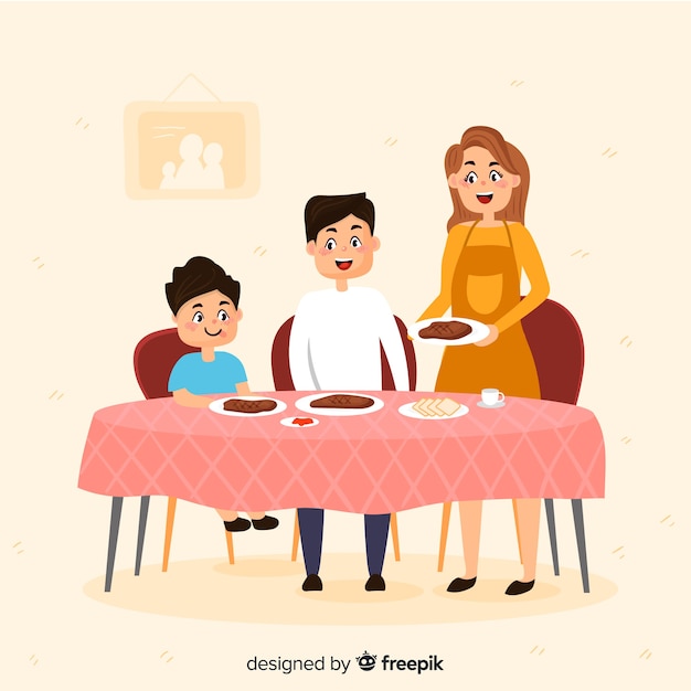 Hand getrokken familie rond de tafel