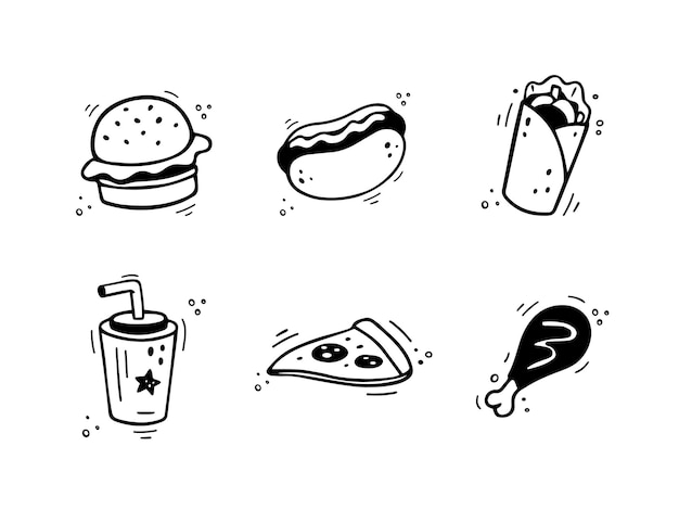 Hand getrokken fastfood iconen schets van snack elementen fast food collectie fast food illustratie in doodle stijl