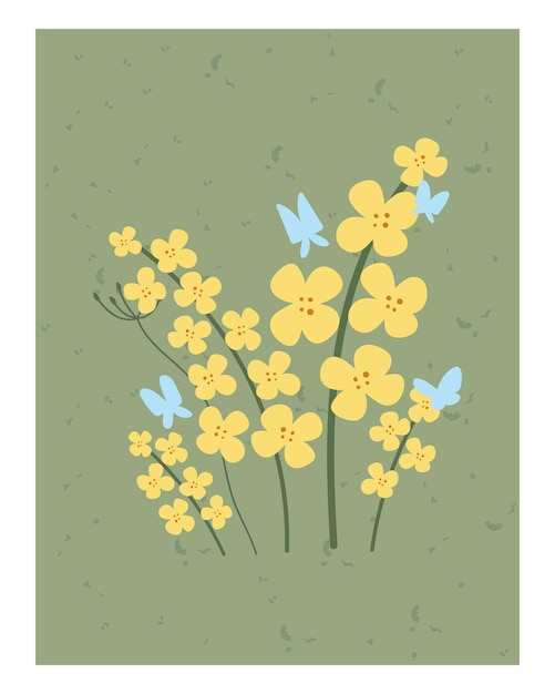 Hand getrokken gele koolzaadbloem bloemenillustratie voor kaartposter vlakke stijl vector koolzaadknoppen