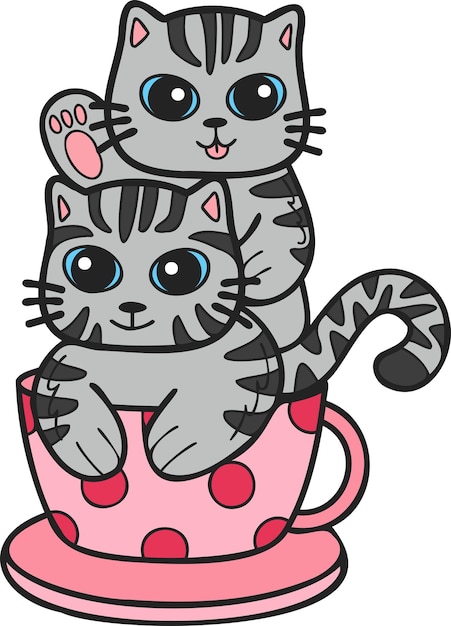 Hand getrokken gestreepte kat of kitten met koffiemok illustratie in doodle stijl