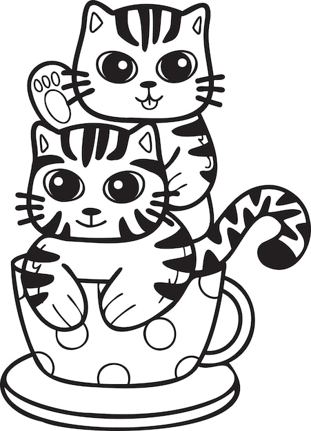 Hand getrokken gestreepte kat of kitten met koffiemok illustratie in doodle stijl