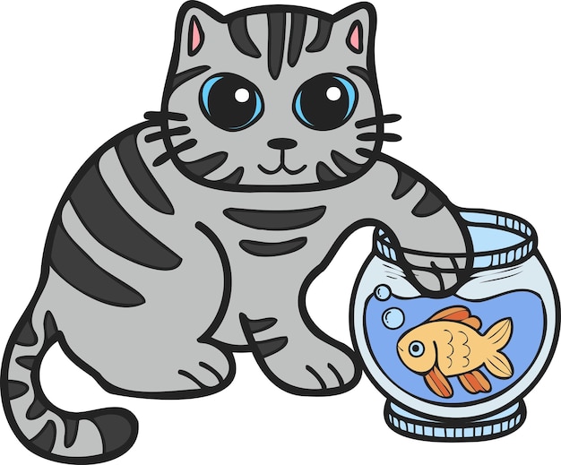 Hand getrokken gestreepte kat spelen met vis illustratie in doodle stijl